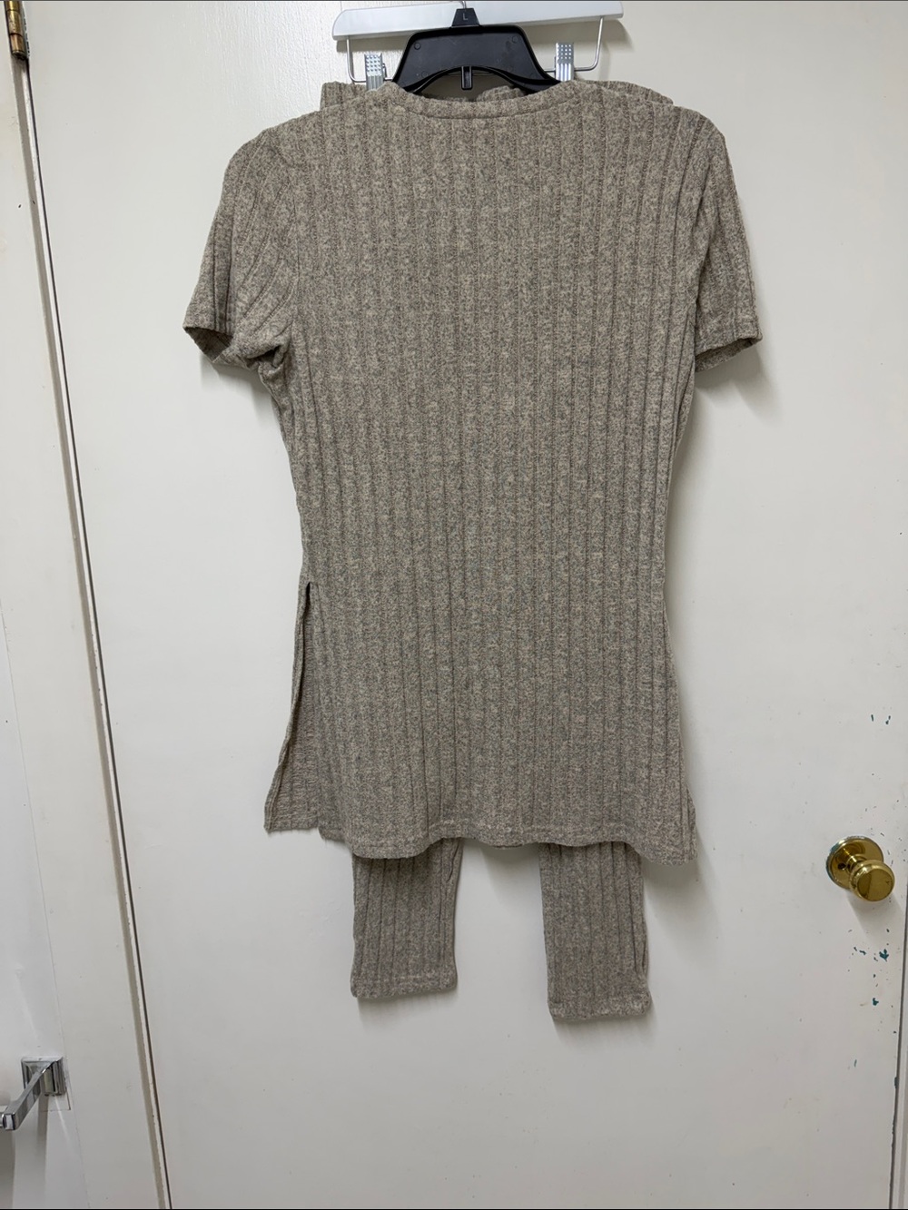 Ribbed Short Sleeve Tunic Set - Taupe with pants
